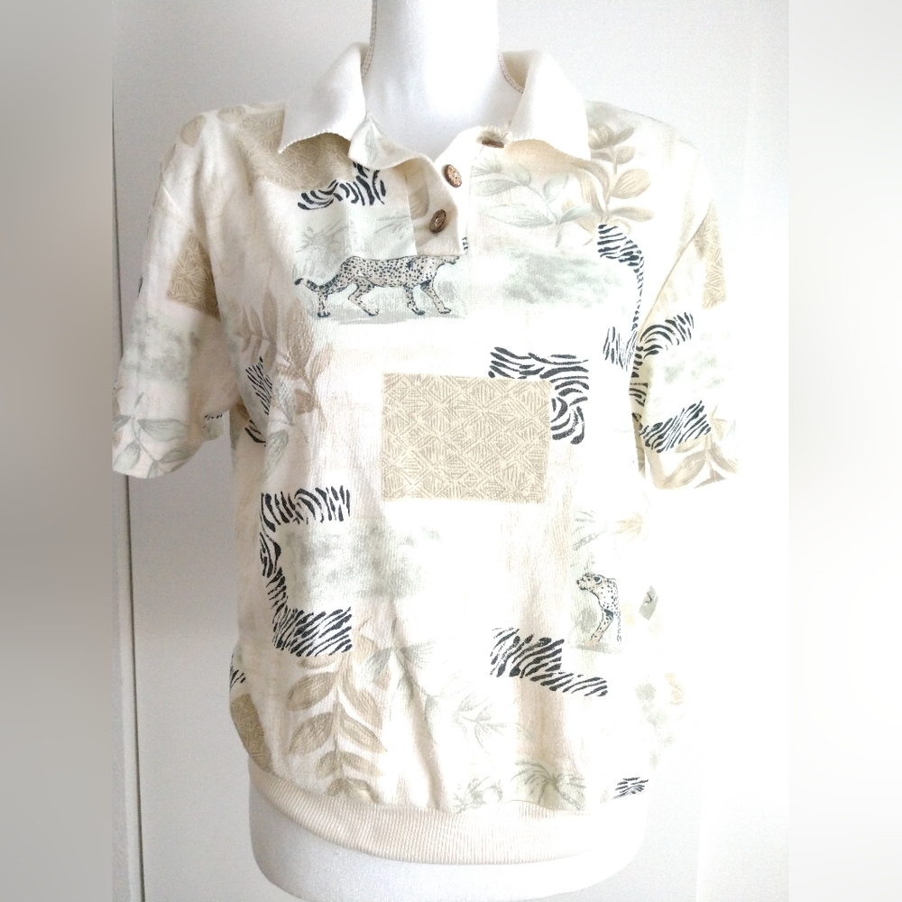 Vintage Teddi Petite Jacquar Leopard Cheetah Animal Print Top Shirt 80s Mom PM